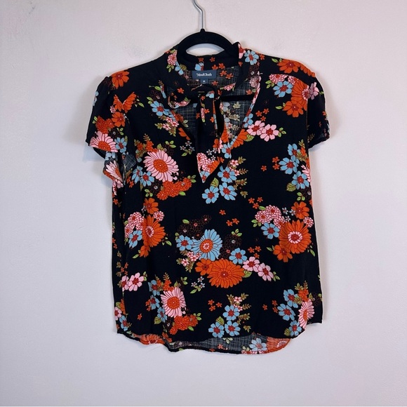 ModCloth | Black Colorful Floral Tie Neck Short Sleeved Blouse Size Medium - Picture 1 of 5